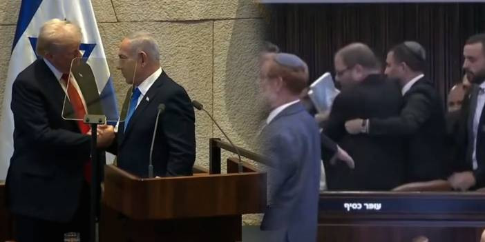 Trump konuşurken İsrail Meclisi'nde eylem! "Ülkemiz soykırım yapıyor" diyerek protesto ettiler